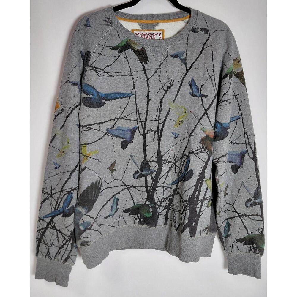 Staple Bird Print Sweater Gray Graphic Print Knit Size XL